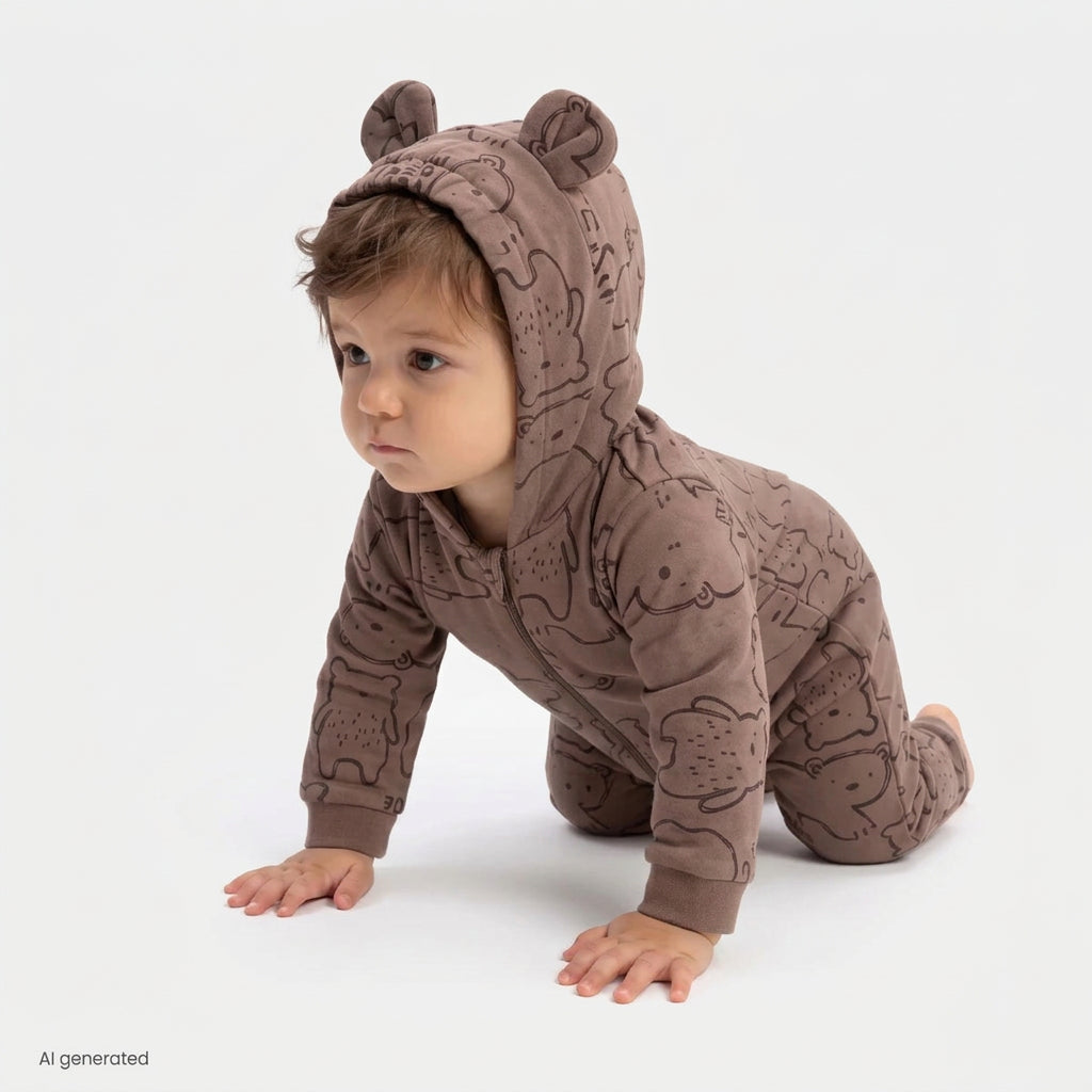 Bebetto Animal Print Hooded Footless Baby Sleepsuit (1-3 Months to 12 Months) Brown - ebebek