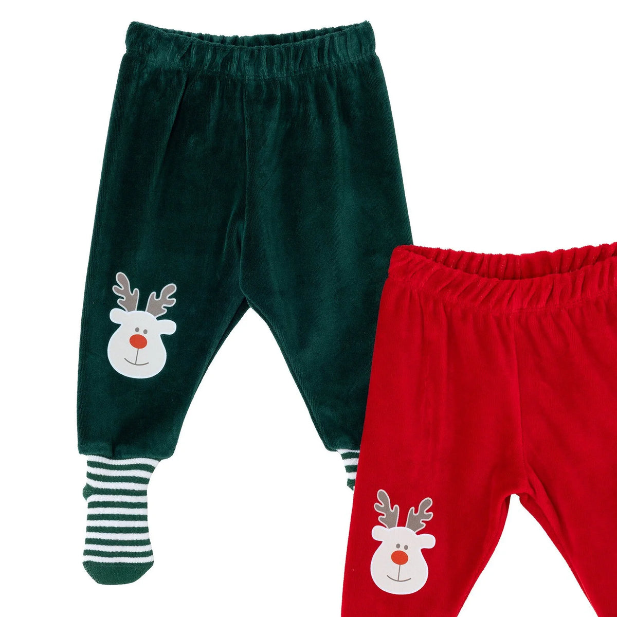 HelloBaby 2 Pack Reindeer Print Velour Footed Baby Bottoms (3-6 Months to 2-3 Years)
