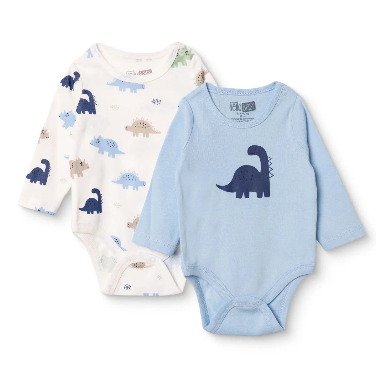 HelloBaby 2 Pack Dinosaur Print Long Sleeve Baby Bodysuits (1-3 Months to 2-3 Years) Light Blue - ebebek