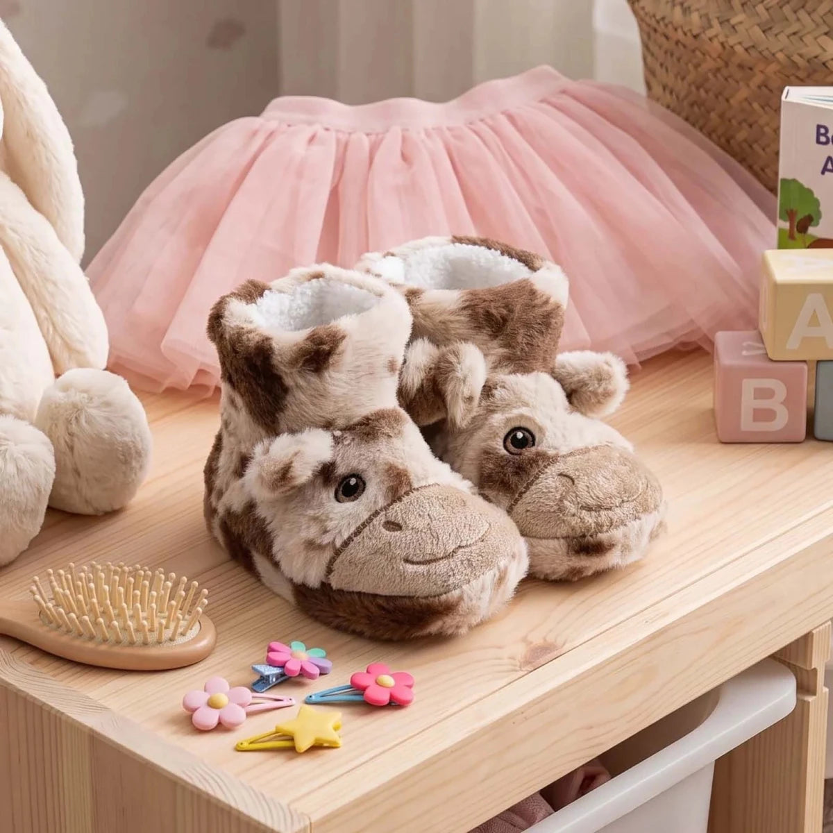 HelloBaby Cow Embroidered Soft Fleece Baby Slippers (UK 5 to 8.5) Ecru - ebebek