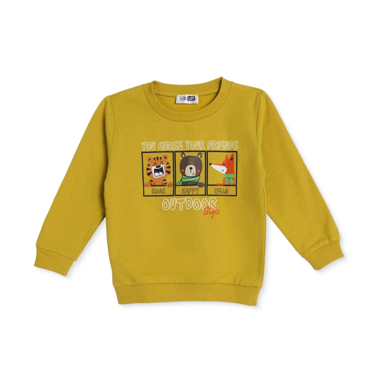 HelloBaby "You Chose Your Friends Outdoor" Slogan Brushed Loopback Baby Sweatshirt (3-6 Months to 4-5 Years) Mustard - ebebek