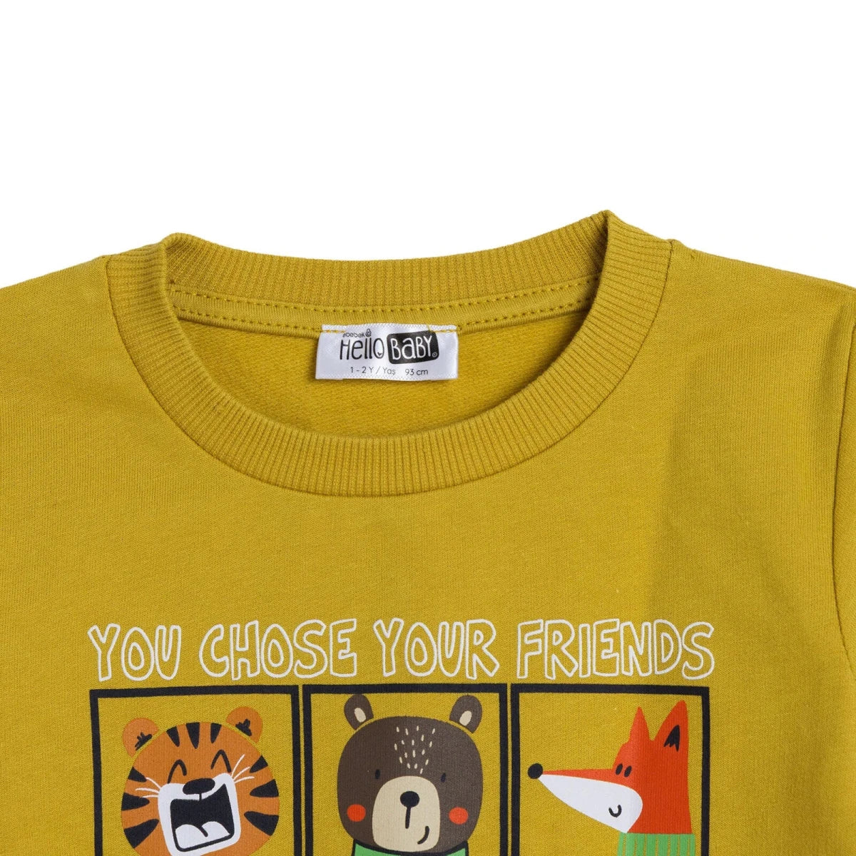 HelloBaby "You Chose Your Friends Outdoor" Slogan Brushed Loopback Baby Sweatshirt (3-6 Months to 4-5 Years) Mustard - ebebek