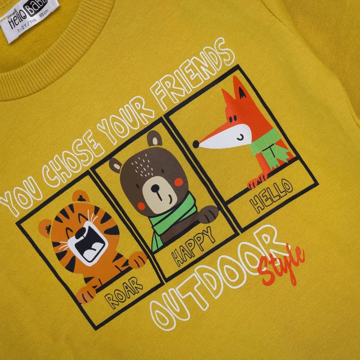 HelloBaby "You Chose Your Friends Outdoor" Slogan Brushed Loopback Baby Sweatshirt (3-6 Months to 4-5 Years) Mustard - ebebek