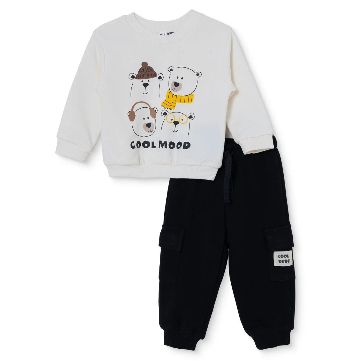 HelloBaby Bear Print Baby Sweatshirt & Joggers Set (6-9 Months to 4-5 Years) Ecru - ebebek