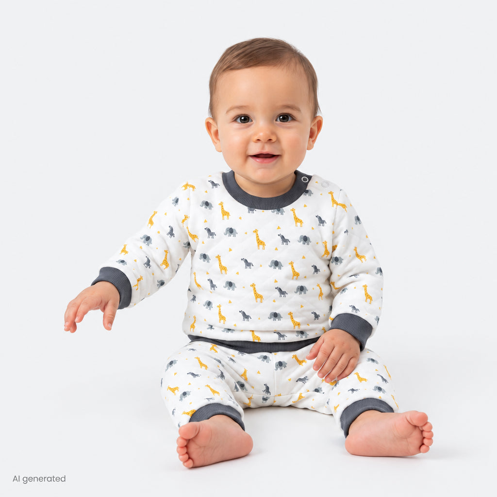 HelloBaby Animal Print Quilted Baby Sweatshirt & Leggings Set (1-3 to 12 Months) Ecru - ebebek