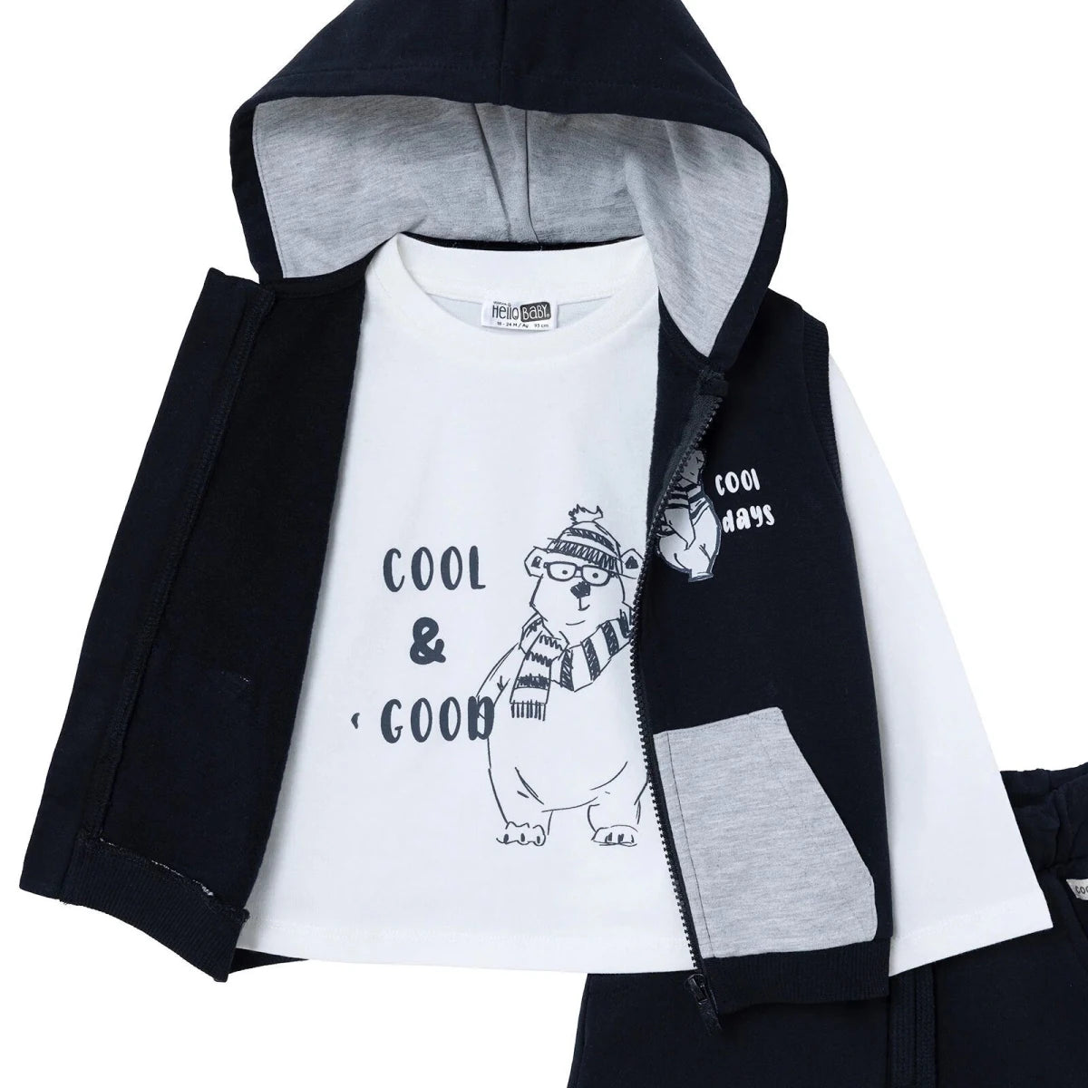 HelloBaby Bear Print Baby T-Shirt, Gilet & Joggers Set (6-9 Months to 4-5 Years) Black - ebebek