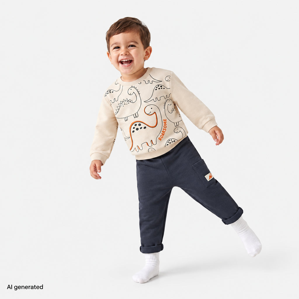 HelloBaby Dinosaur Print Jacquard Baby Sweatshirt & Joggers Set (6-9 Months to 4-5 Years) Ecru - ebebek