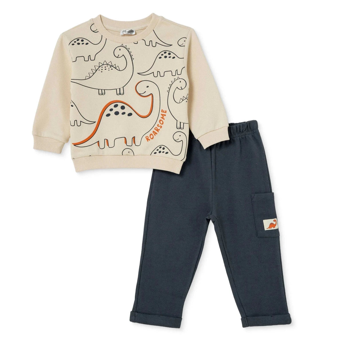 HelloBaby Dinosaur Print Jacquard Baby Sweatshirt & Joggers Set (6-9 Months to 4-5 Years) Ecru - ebebek