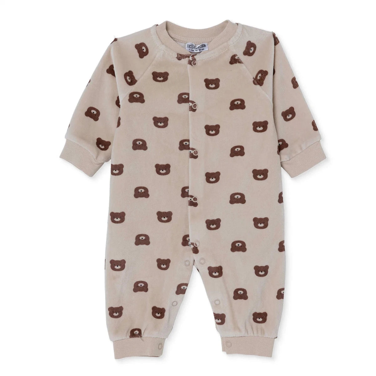HelloBaby Bear Print Footless Velour Baby Sleepsuit (Newborn to 6-9 Months) Beige Printed - ebebek