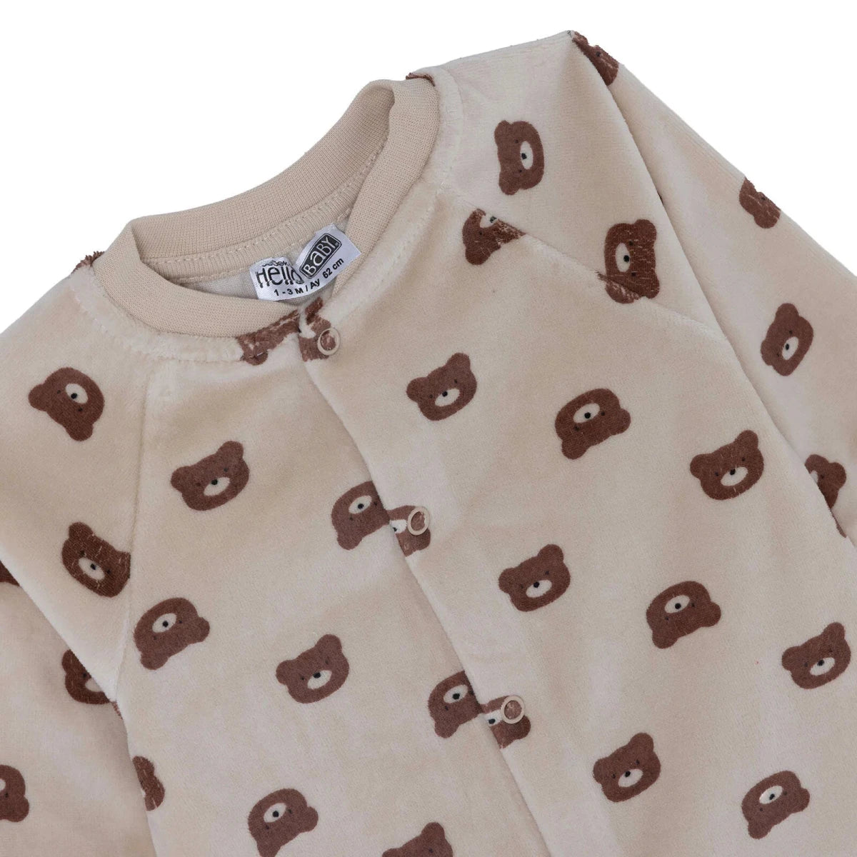 HelloBaby Bear Print Footless Velour Baby Sleepsuit (Newborn to 6-9 Months) Beige Printed - ebebek