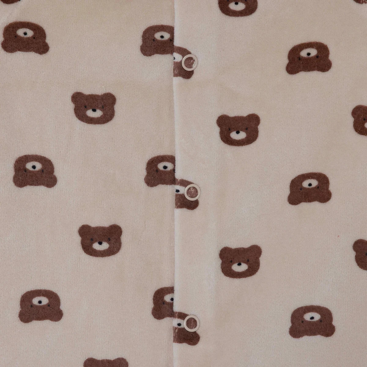 HelloBaby Bear Print Footless Velour Baby Sleepsuit (Newborn to 6-9 Months) Beige Printed - ebebek