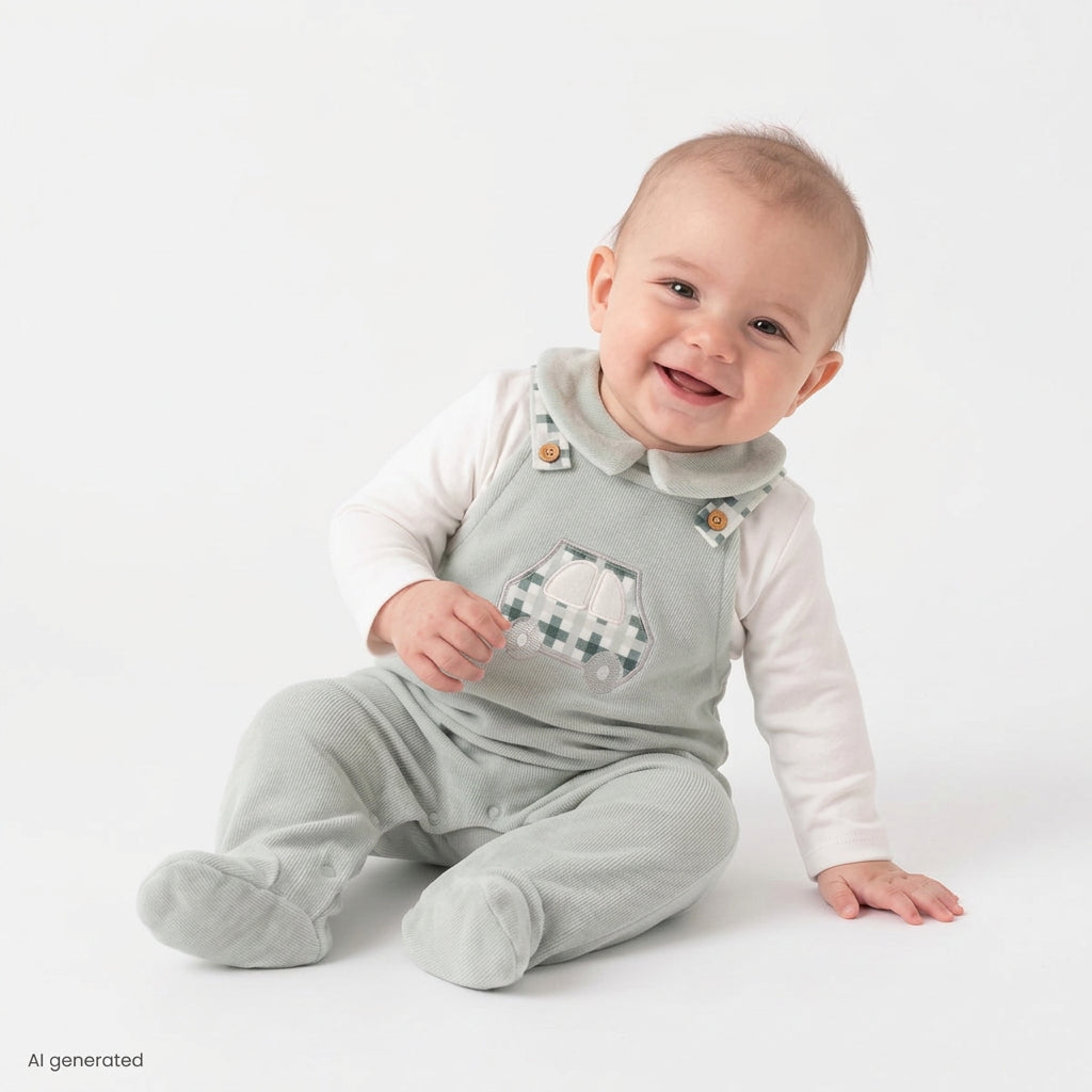 HelloBaby Car Embroidered Corduroy Footed Baby Sleepsuit (Newborn to 6-9 Months) Green - ebebek