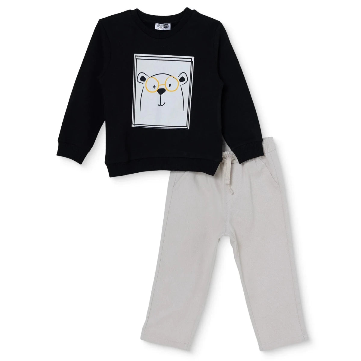 HelloBaby Bear Print Long Sleeve Baby T-Shirt & Trousers Set (6-9 Months to 4-5 Years) Black - ebebek