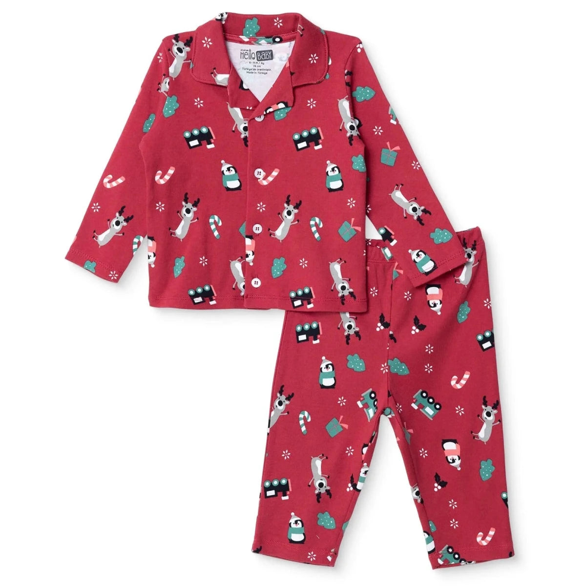 HelloBaby Festive Print Peter Pan Collar Baby Pyjama Set (3-6 Months to 3-4 Years) Red - ebebek