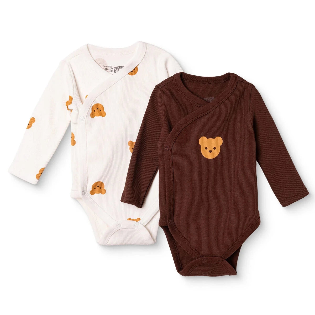 HelloBaby 2 Pack Animal Print Long Sleeve Ribbed Baby Bodysuits (Newborn to 6-9 Months) Ecru - ebebek