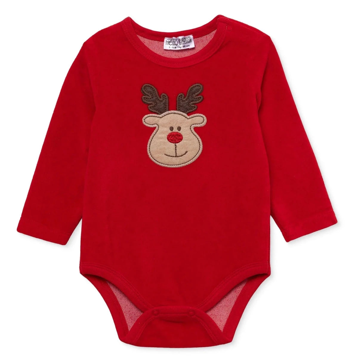 HelloBaby Reindeer Long Sleeve Velour Baby Bodysuit (1-3 Months to 2-3 Years) - Red Red - ebebek
