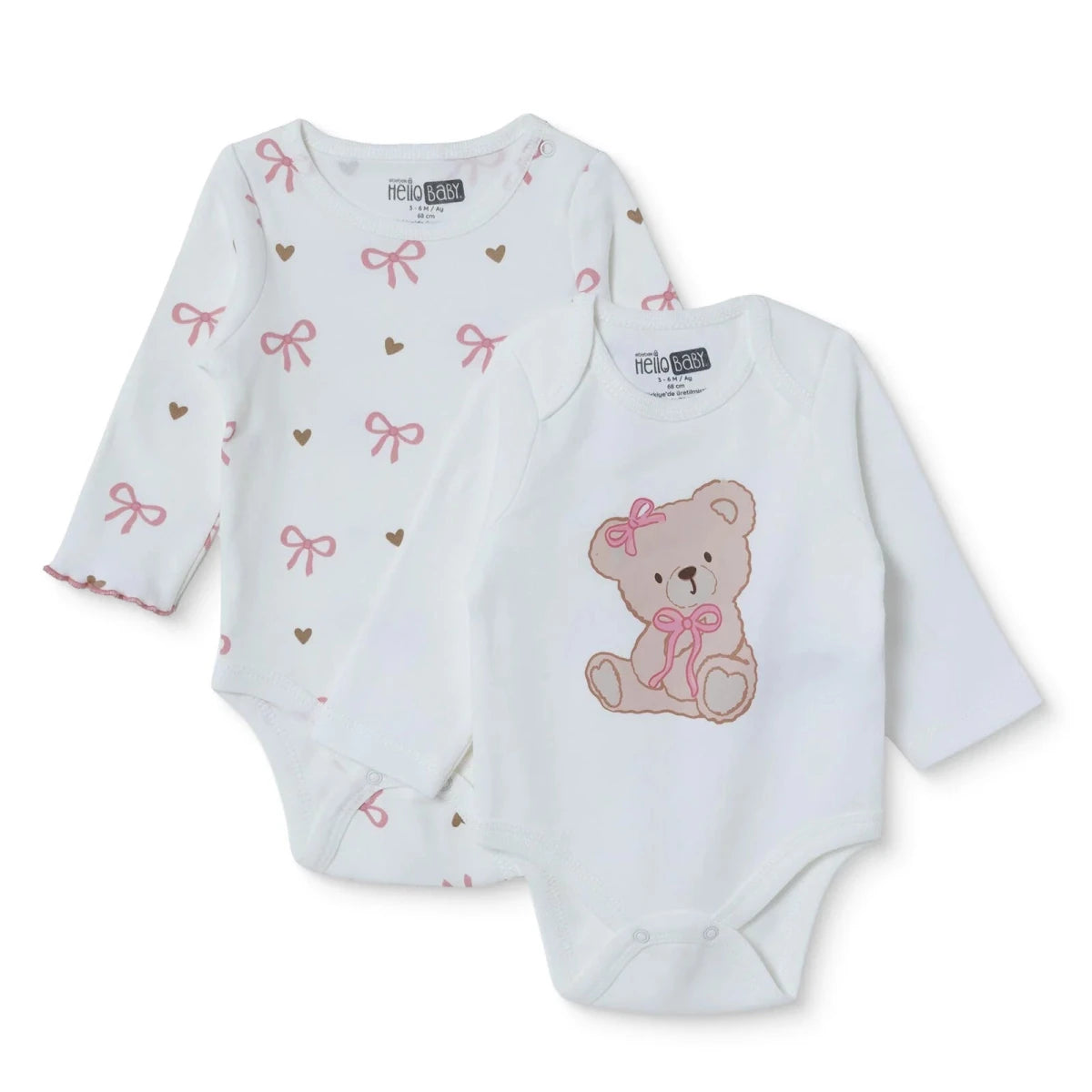 HelloBaby 2 Pack Heart Print Long Sleeve Baby Bodysuits (1-3 Months to 2-3 Years) Ecru - ebebek