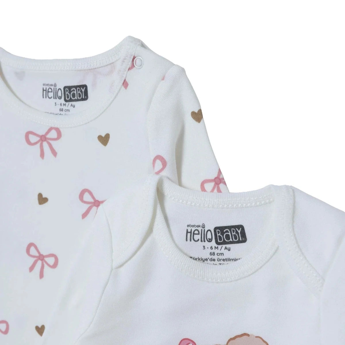 HelloBaby 2 Pack Heart Print Long Sleeve Baby Bodysuits (1-3 Months to 2-3 Years) Ecru - ebebek