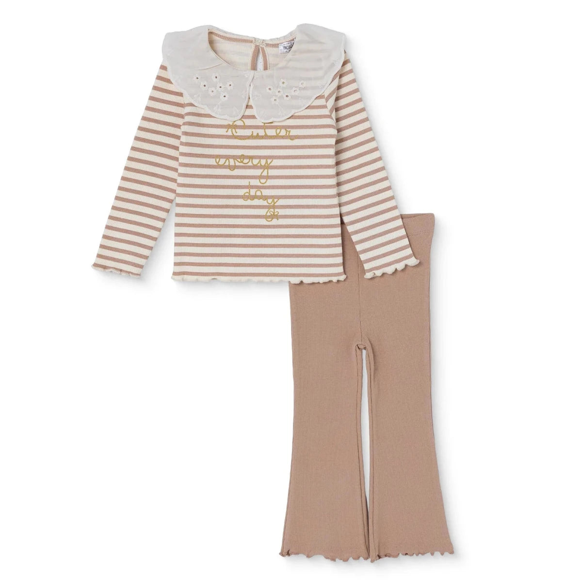 HelloBaby Lace Collar Long Sleeve Baby Top & Leggings Set (3-6 Months to 4-5 Years) Ecru Printed - ebebek