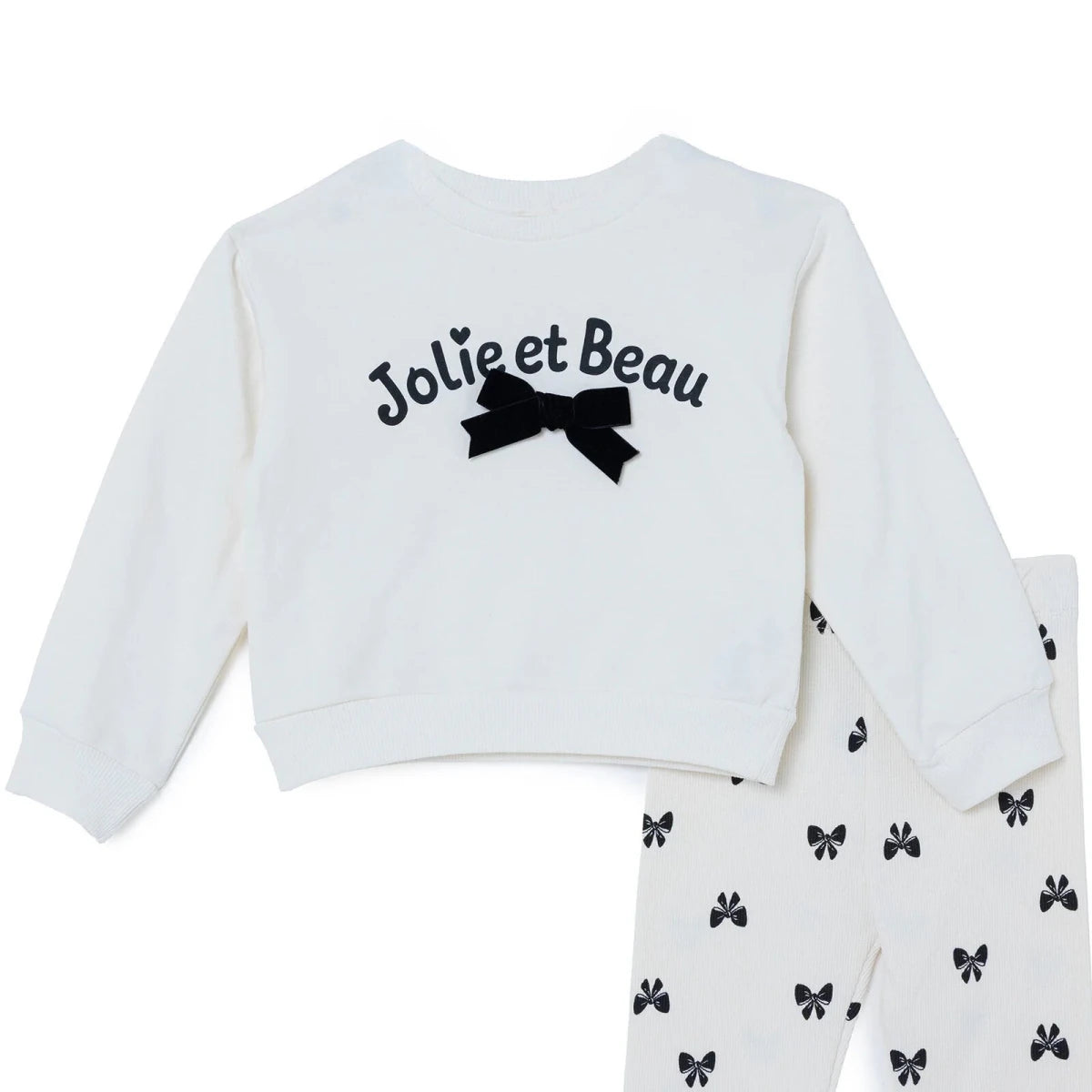 HelloBaby Bow Print Baby Sweatshirt & Leggings Set (3-6 Months to 4-5 Years) Ecru Printed - ebebek