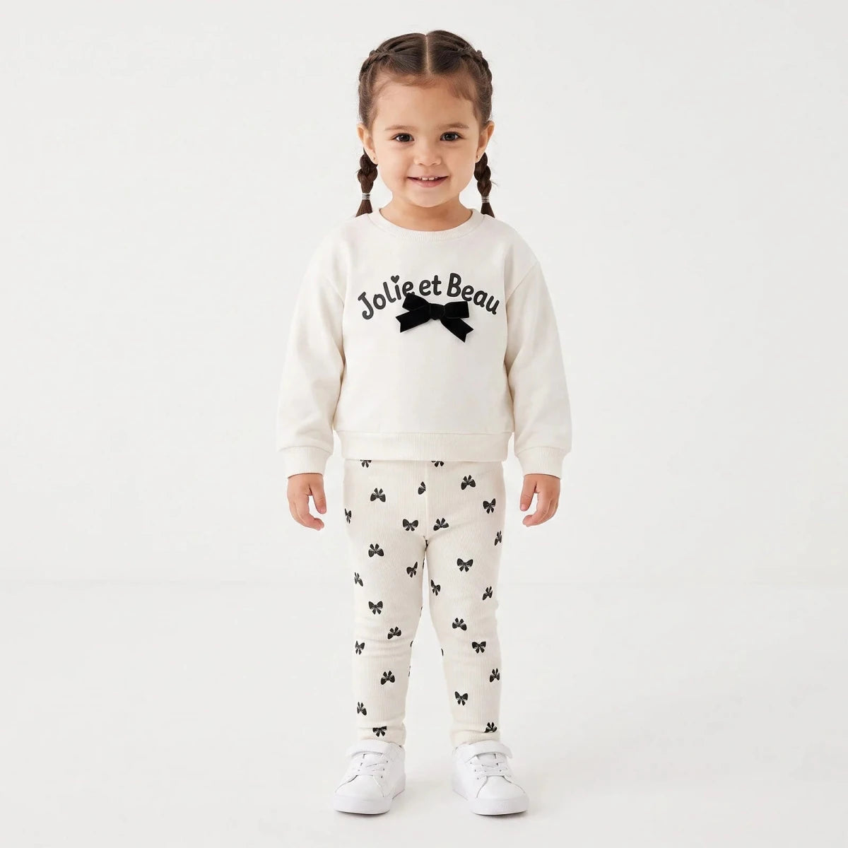 HelloBaby Bow Print Baby Sweatshirt & Leggings Set (3-6 Months to 4-5 Years) Ecru Printed - ebebek