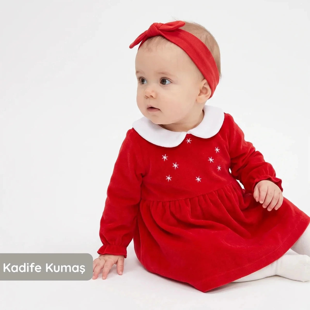 HelloBaby Star Print Long Sleeve Velour Baby Dress (1-3 Months to 12 Months) - Red Red - ebebek