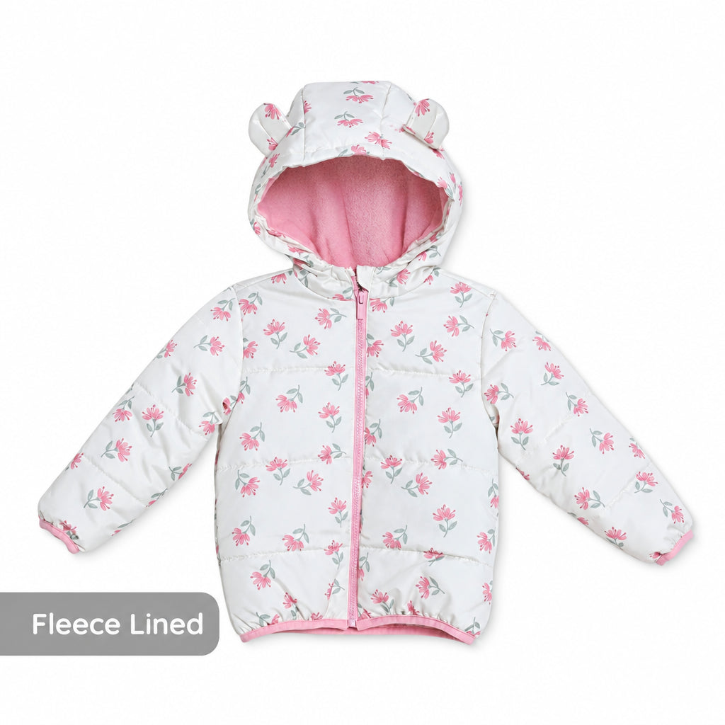 HelloBaby Hooded Floral Print Fleece Baby Jacket (9-12 Months to 4-5 Years) Ecru Printed - ebebek