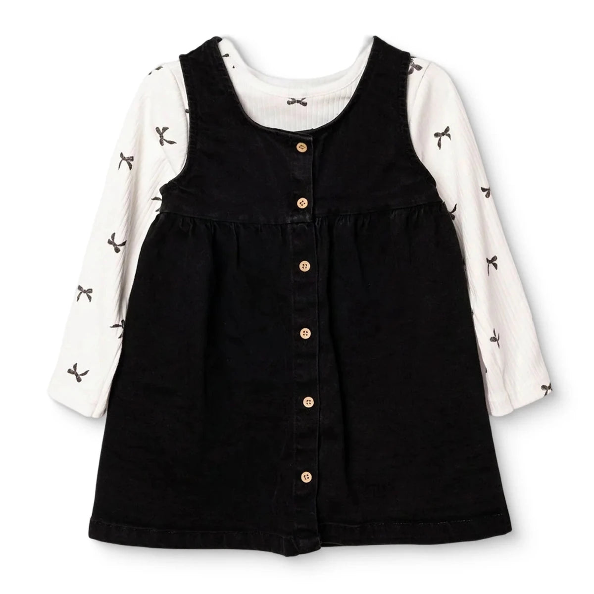 HelloBaby Bow Print Denim Dungarees & Long Sleeve T-Shirt Set (6-9 Months to 4-5 Years) Anthracite - ebebek