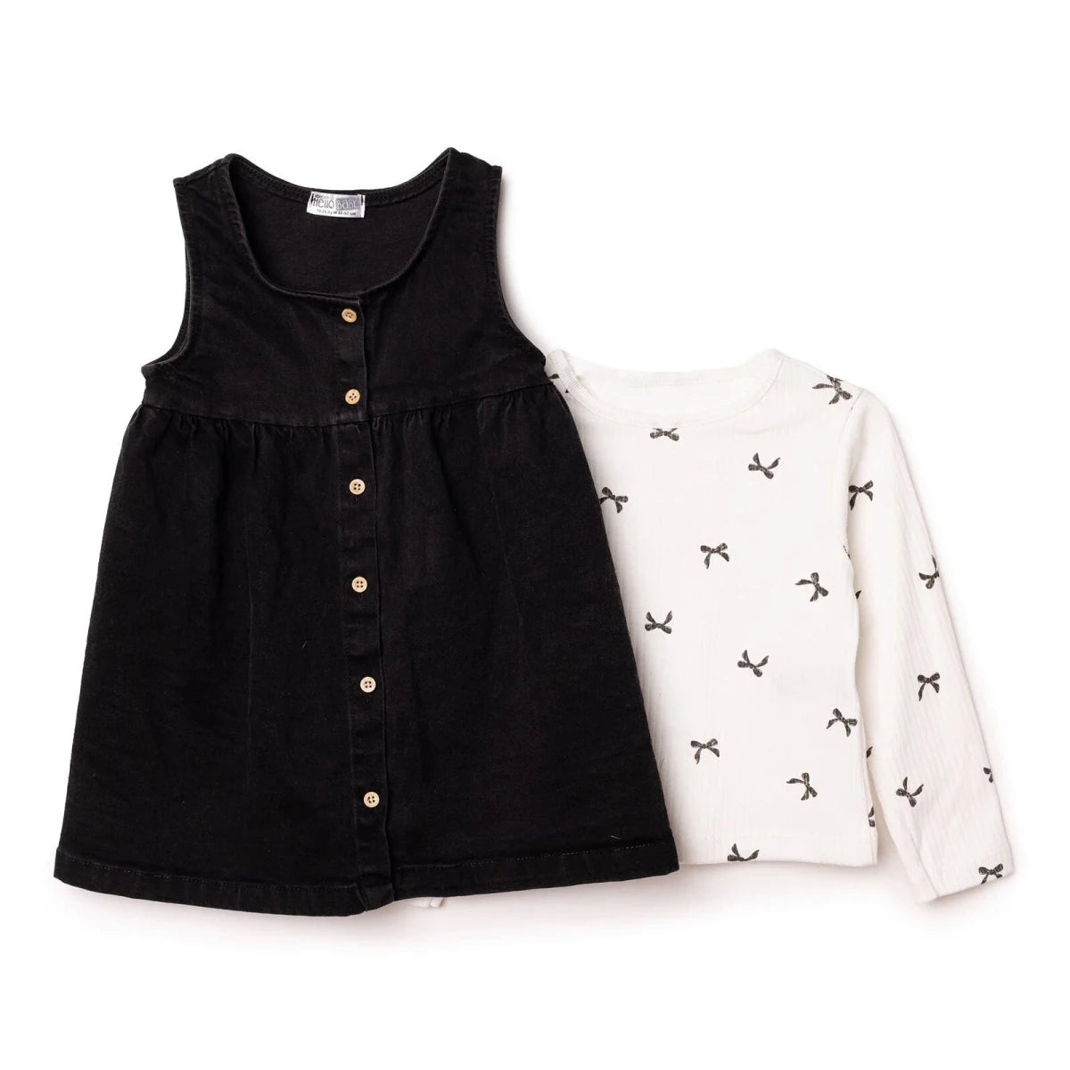 HelloBaby Bow Print Denim Dungarees & Long Sleeve T-Shirt Set (6-9 Months to 4-5 Years) Anthracite - ebebek
