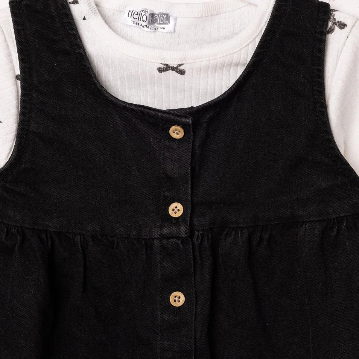 HelloBaby Bow Print Denim Dungarees & Long Sleeve T-Shirt Set (6-9 Months to 4-5 Years) Anthracite - ebebek