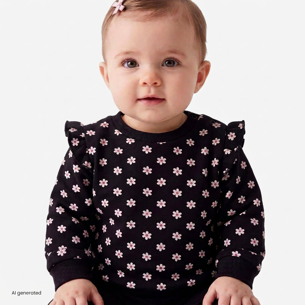 A baby girl wearing a black long-sleeve top with a pink cherry blossom pattern, photographed against a clean white background.
