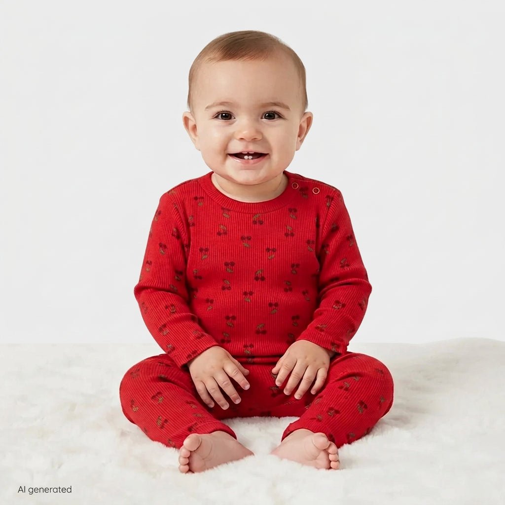 HelloBaby 2 Piece Cherry Print Baby T-Shirt & Leggings Set (1-3 Months to 12 Months) - Red Red - ebebek