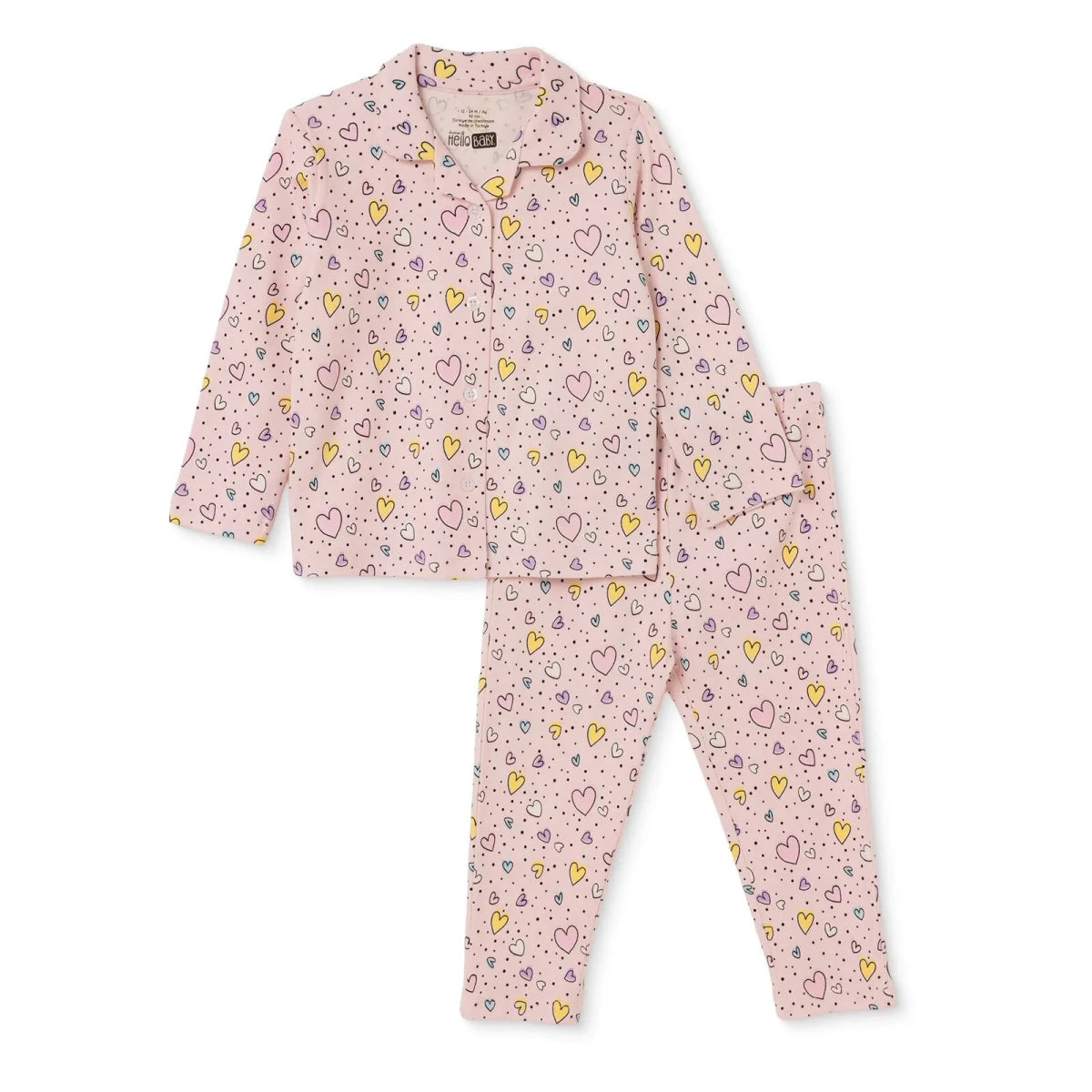 HelloBaby Heart Print Shirt Collar Baby Pyjama Set (3-6 Months to 3-4 Years) Pink - ebebek