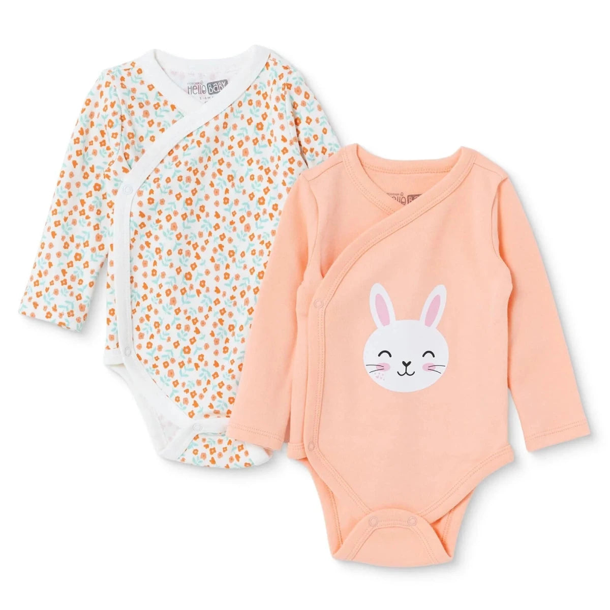 HelloBaby 2 Pack Animal Print Long Sleeve Interlock Baby Bodysuits (Newborn to 6-9 Months) Ecru - ebebek