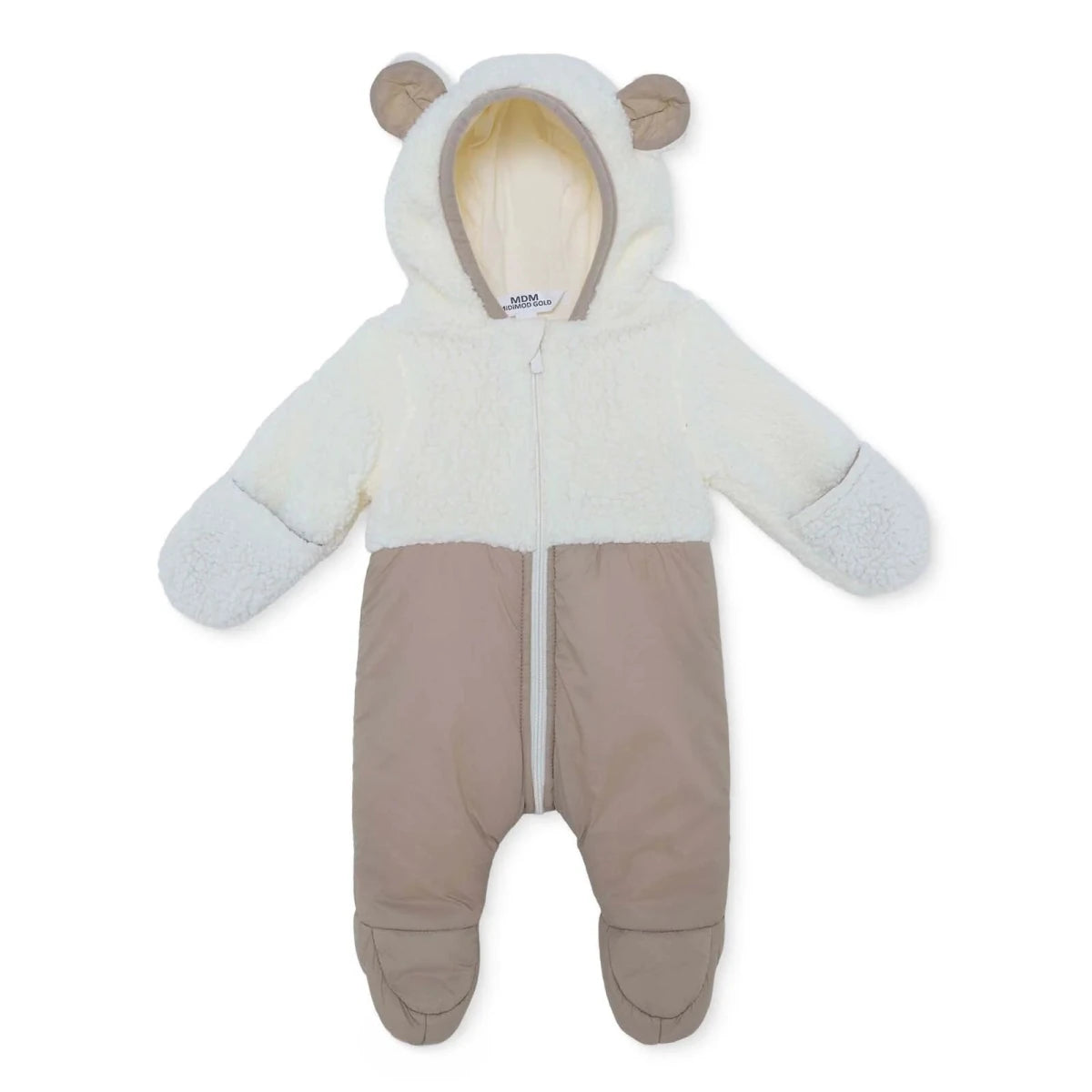 Midimod Hooded Zip-Up Soft Fleece Baby Pramsuit (1-3 Months to 12 Months) Ecru - ebebek