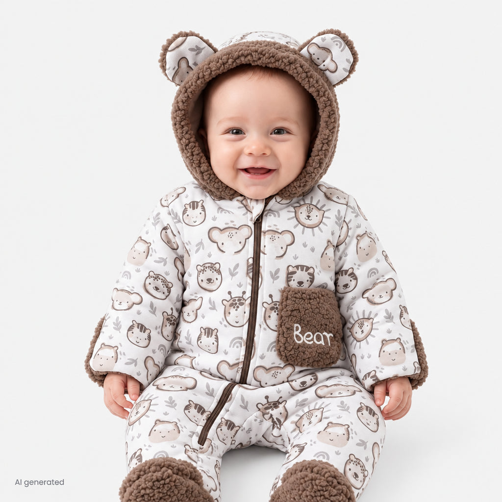 Midimod Animal Print Hooded Lined Fleece Baby Pramsuit (1-3 Months to 12 Months) Ecru Printed - ebebek