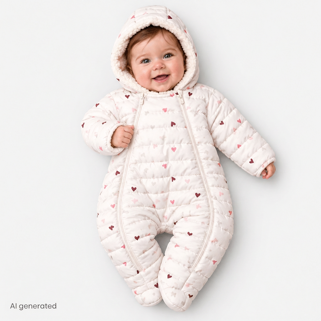 Verscon Hooded Heart Print Fleece Baby Pramsuit (9-12 Months to 18 Months-2 Years) Ecru Printed - ebebek
