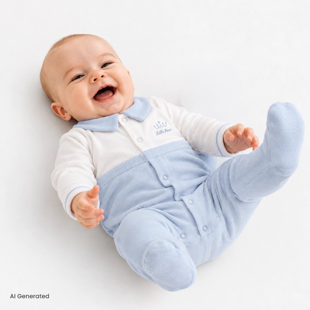 Bebetto "Little Boss" Slogan Buttoned Shirt Collar Footed Baby Sleepsuit (Newborn to 6-9 Months) - Blue Blue - ebebek