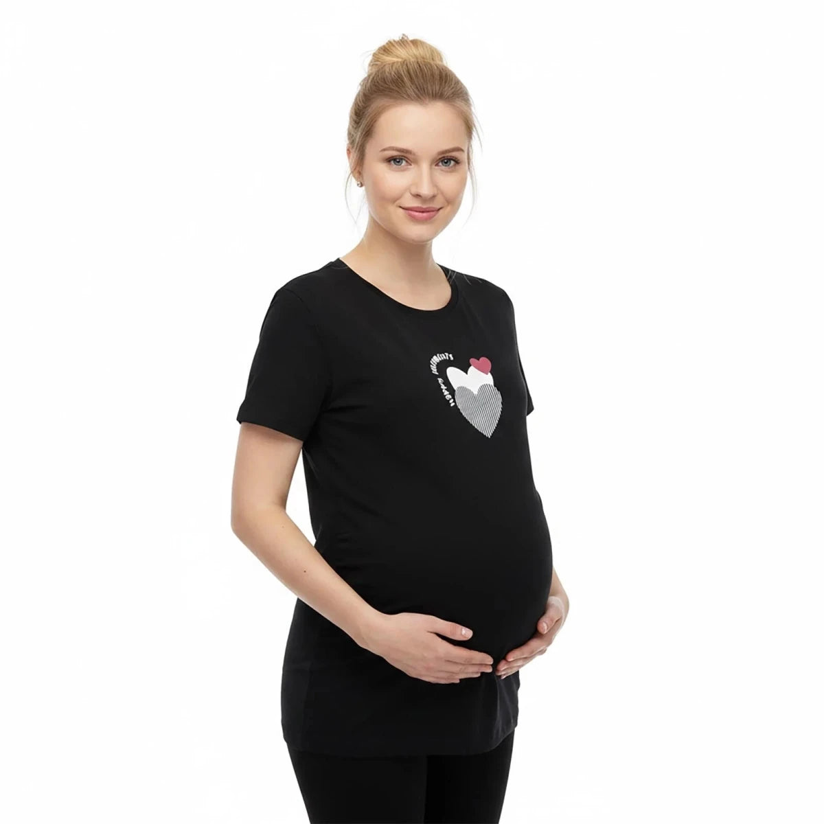 Baby Mom Heart Print Women's Maternity Short Sleeve T-Shirt (S to 2XL) Black - ebebek