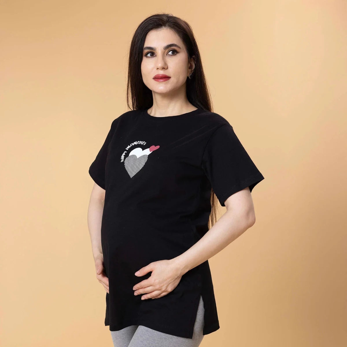 Baby Mom Heart Print Women's Maternity Short Sleeve T-Shirt (S to 2XL) Black - ebebek
