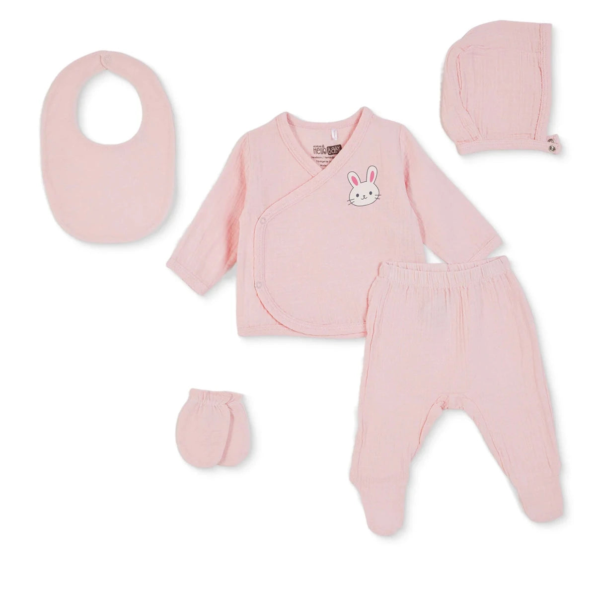 HelloBaby 5 Piece Bunny Print Muslin Baby Hospital Bag Set on a Hanger (Newborn) Pink - ebebek