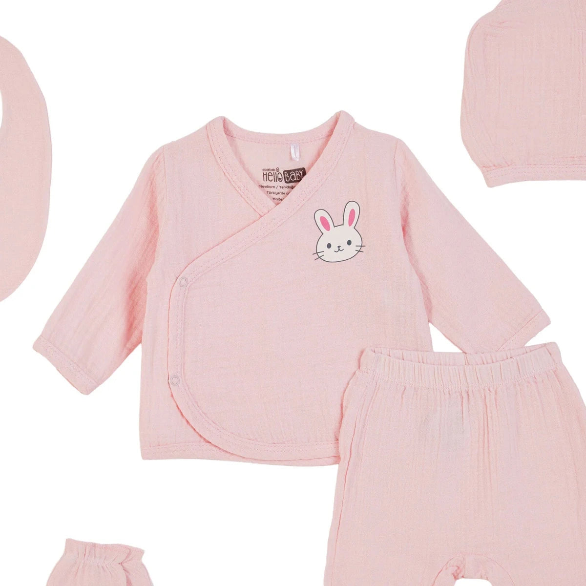 HelloBaby 5 Piece Bunny Print Muslin Baby Hospital Bag Set on a Hanger (Newborn) Pink - ebebek