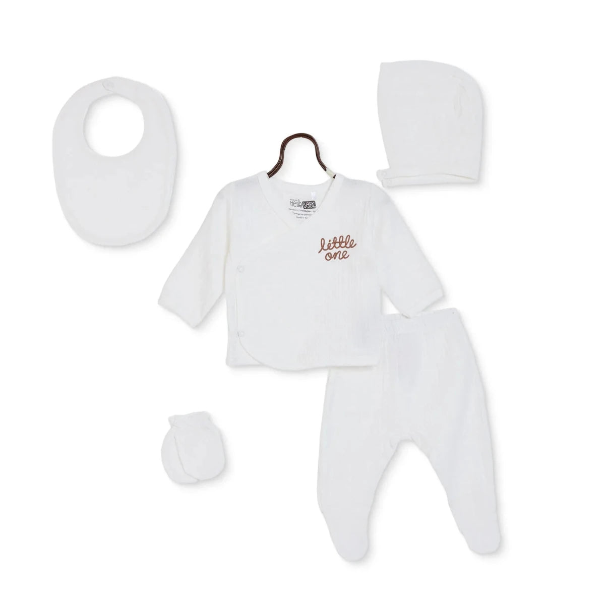 HelloBaby 5 Piece "Little One" Slogan Muslin Baby Hospital Bag Set on a Hanger (Newborn) Ecru - ebebek