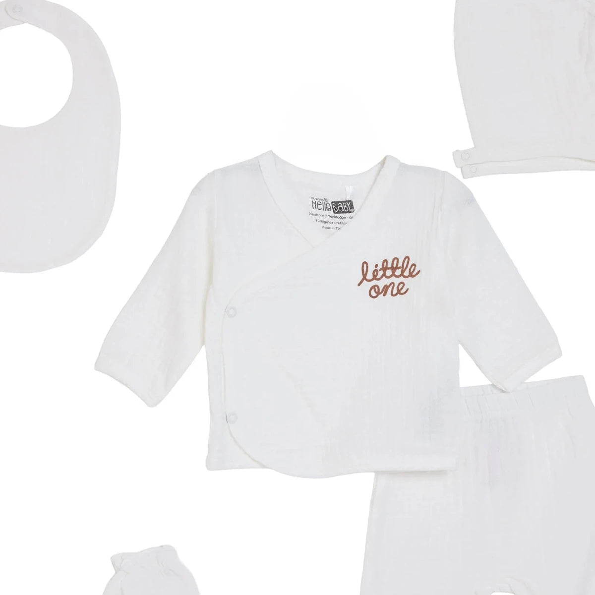 HelloBaby 5 Piece "Little One" Slogan Muslin Baby Hospital Bag Set on a Hanger (Newborn) Ecru - ebebek