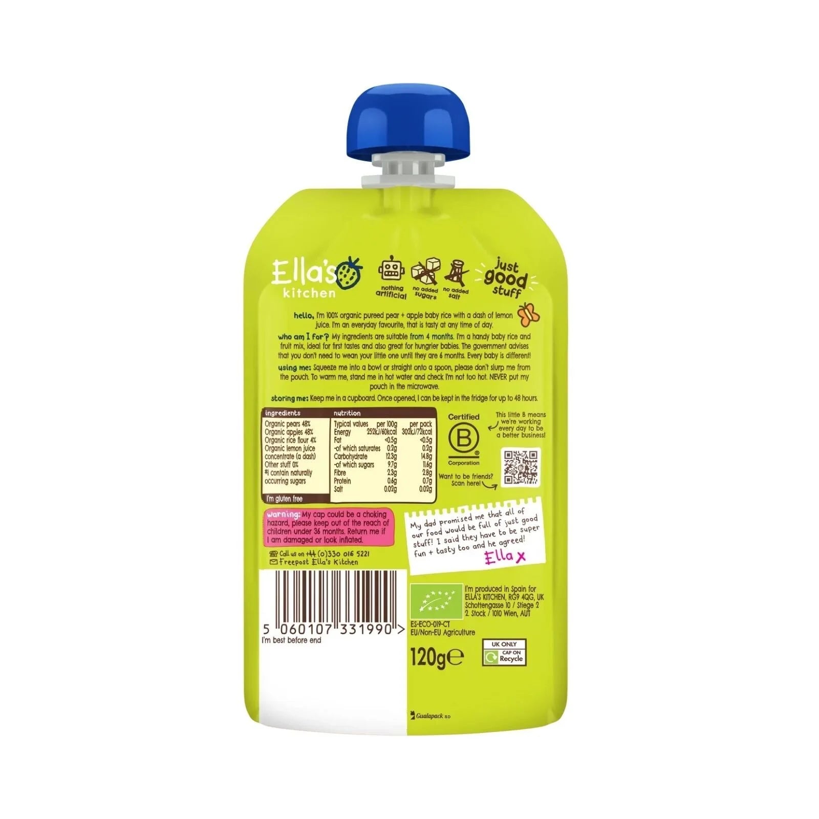 Ella's Kitchen Organic Pear & Apple Baby Rice Baby Pouch 4+ months 120g - ebebek - Black Friday