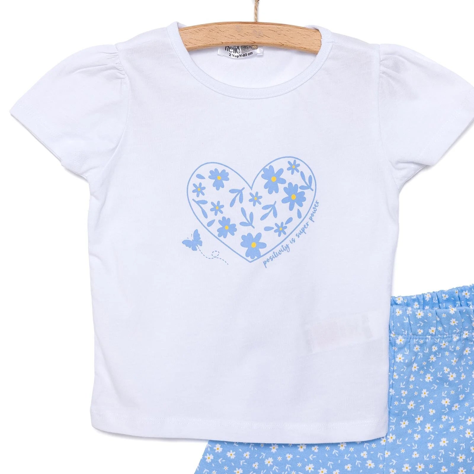 HelloBaby Girl Heart & Flower Patterned Short & T-shirt - Light Blue - HelloBaby - ebebek