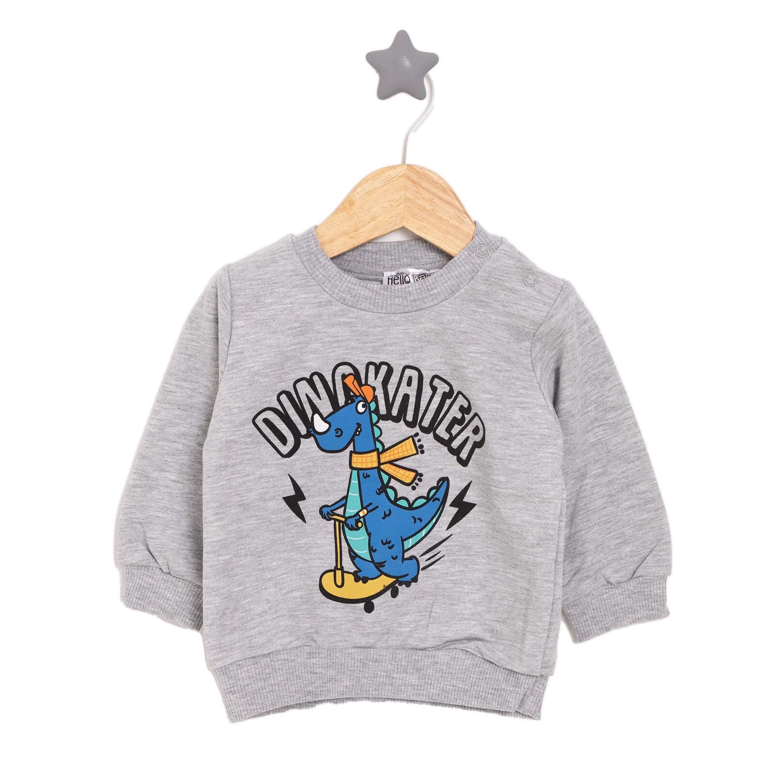 HelloBaby Basic Low Raised Dinokater Printed Sweatshirt - Grey Melange - ebebek - Black Friday