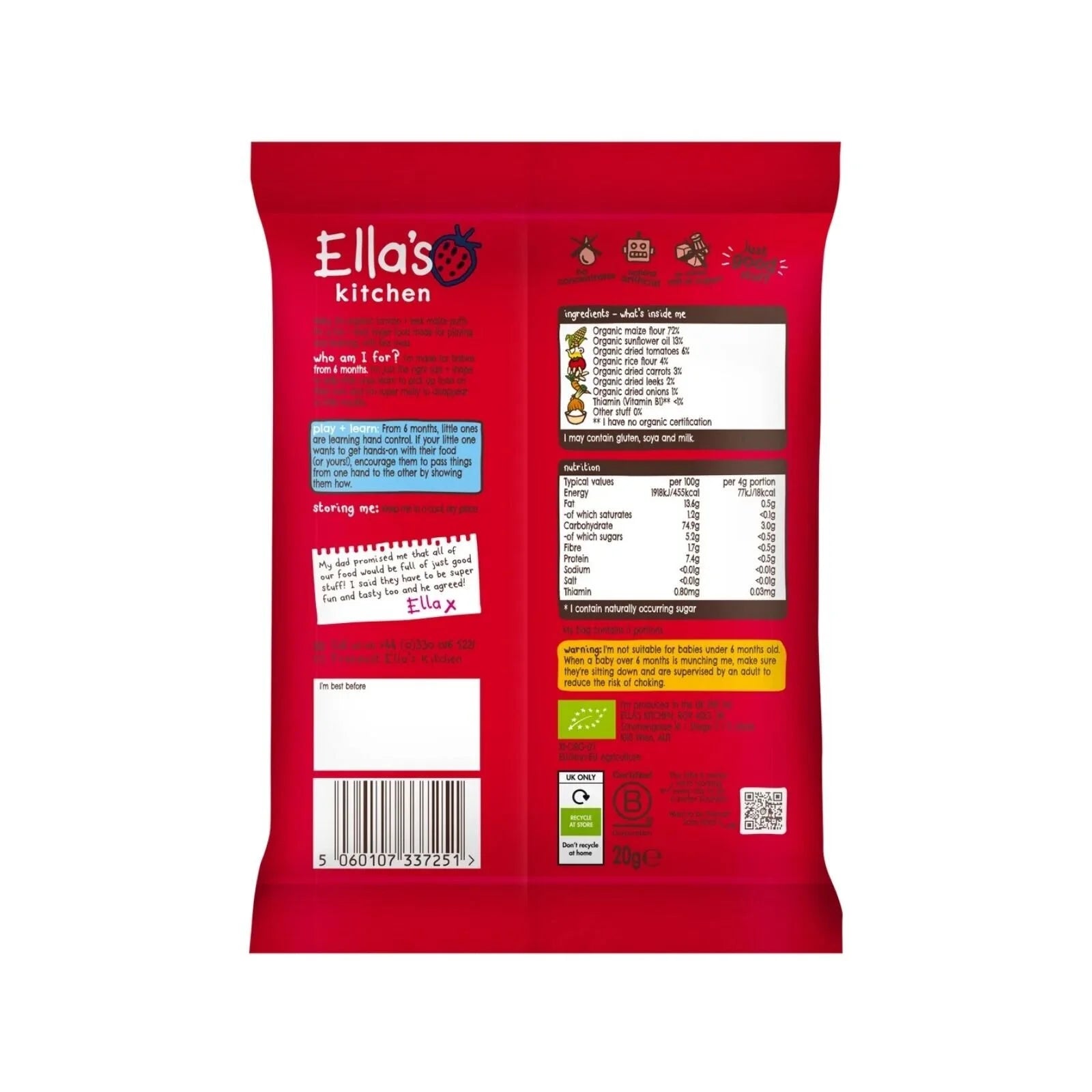 Ella's Kitchen Organic Tomato & Leek Melty Puffs Baby Snack 6+ months 20g - ebebek - Black Friday