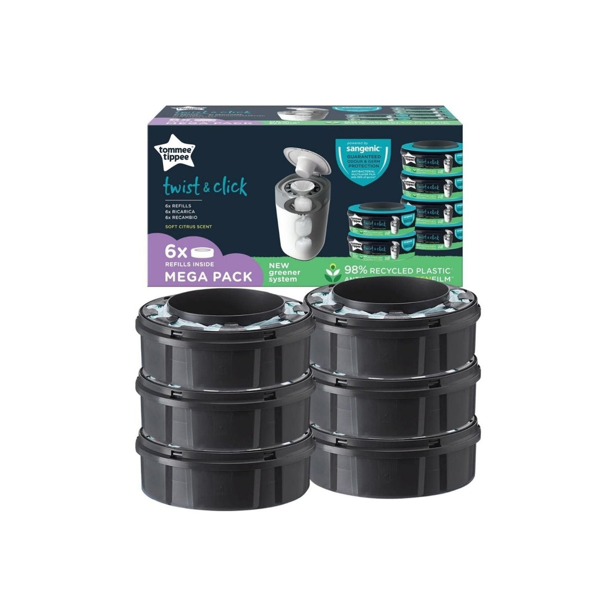 Tommee Tippee Twist & Click Nappy Bin & 6 Refill Cassettes & 2 baby me Newborn Size 1 Nappies Bundle