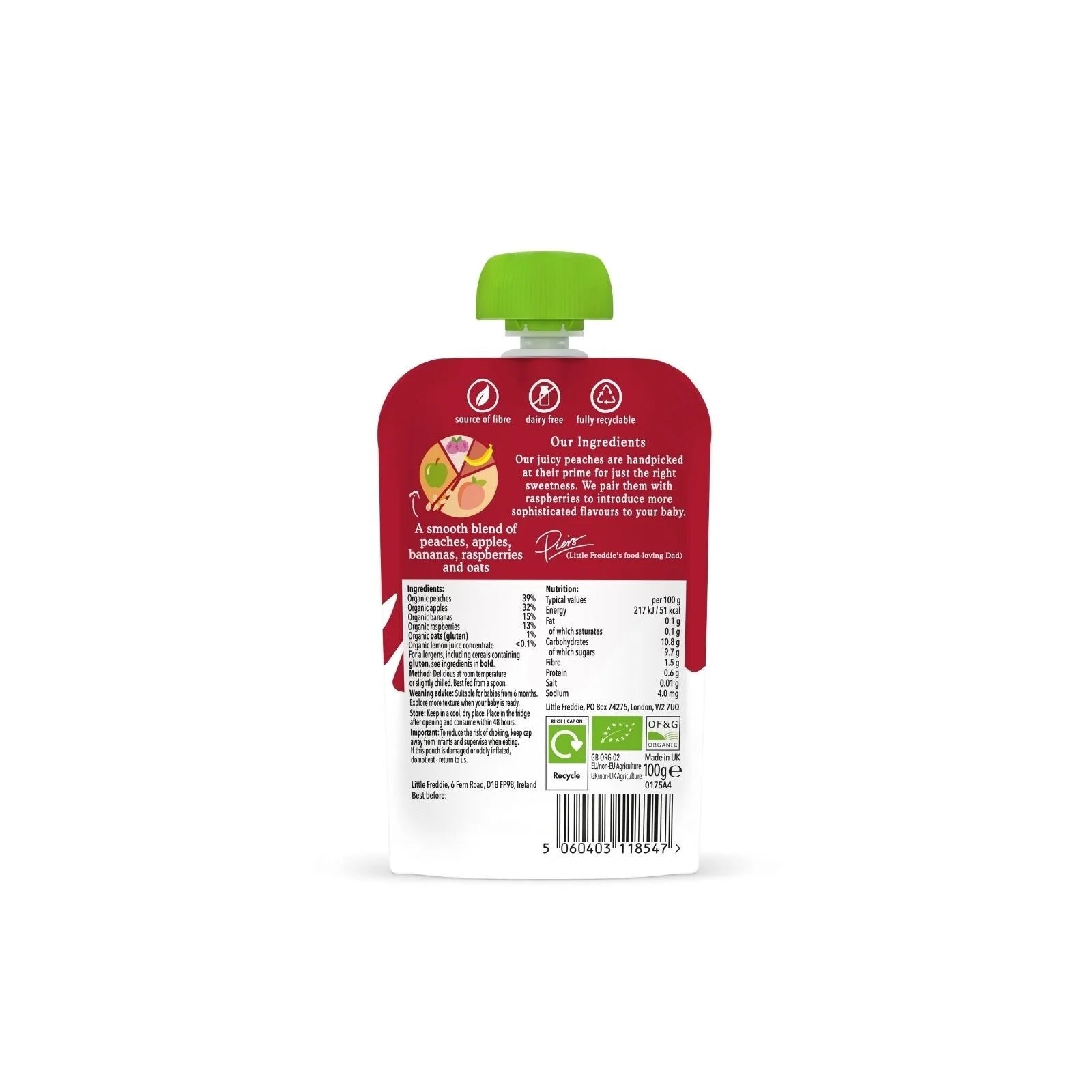 Little Freddie Organic Peaches & Raspberries Baby Food Pouch 6+ months 100g - ebebek - Black Friday
